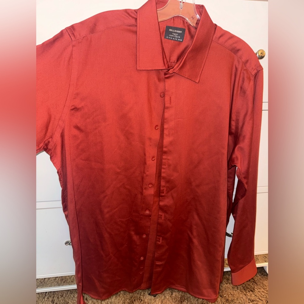 New Bellissimo Men’s Dress Shirt Sateen Rust Slim Fit XL 17-17.5 Cotton Blend